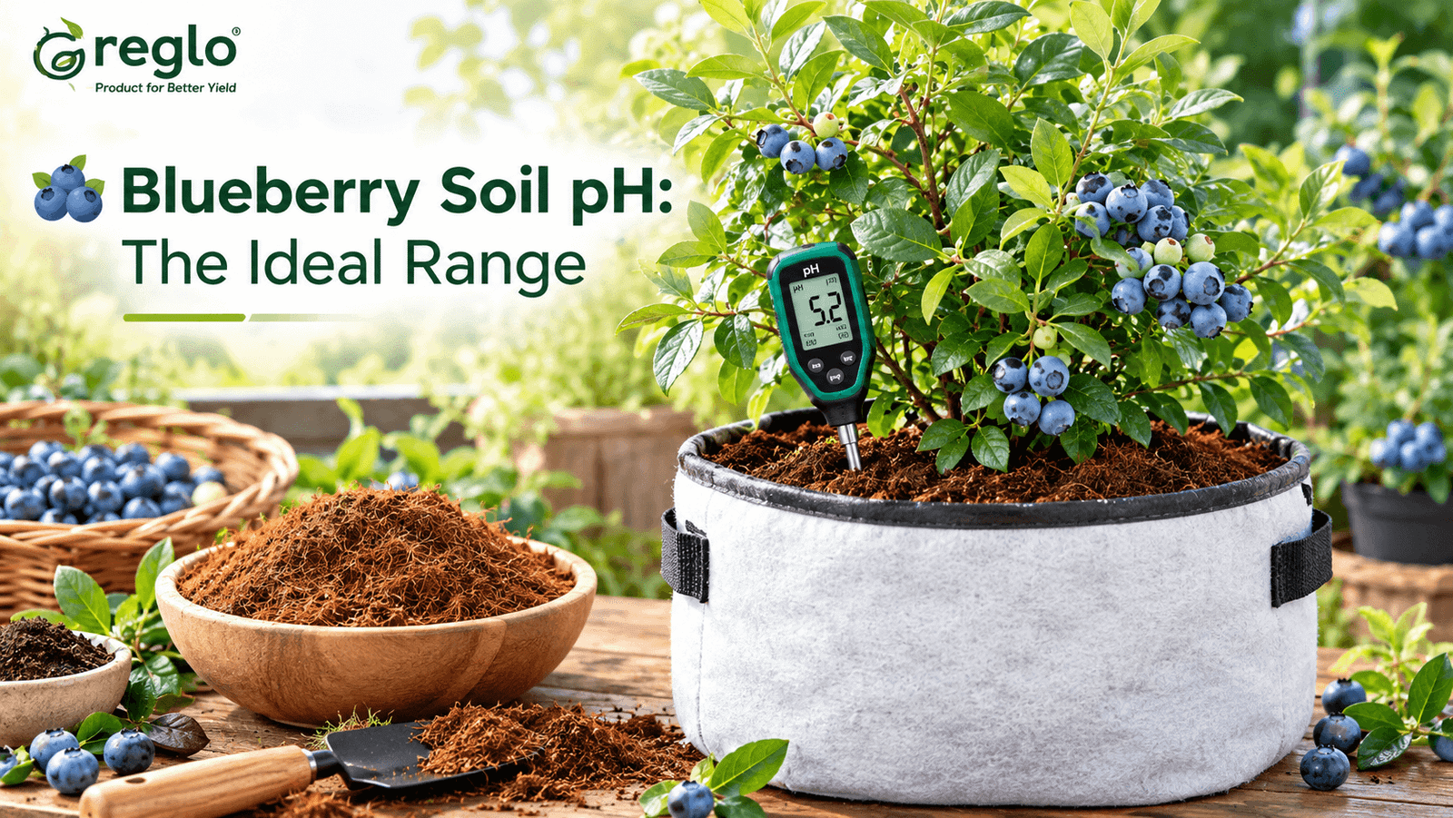 Blueberry plant growing in a Greglo grow bag with a soil pH meter showing acidic pH 5.2, coco coir and fresh blueberries.