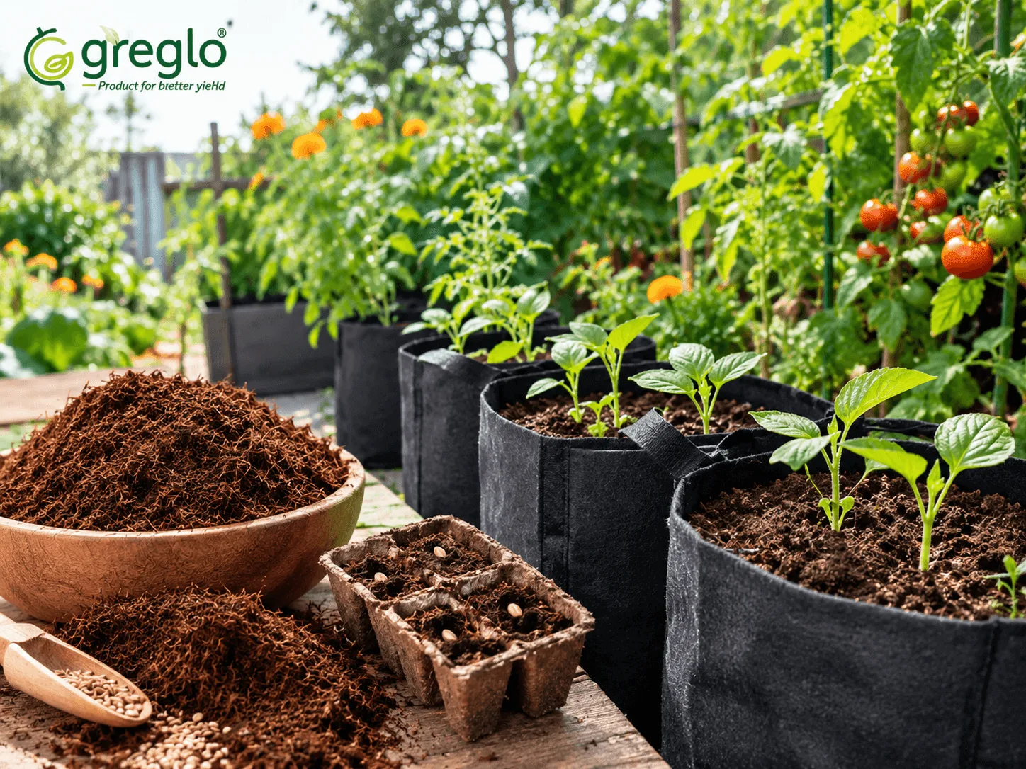 Cocopeat supporting seed germination in grow bags