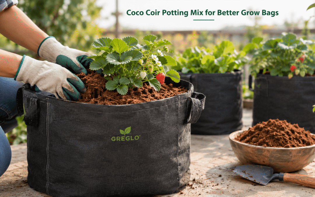 Gardener adding coco coir potting mix to a strawberry grow bag.