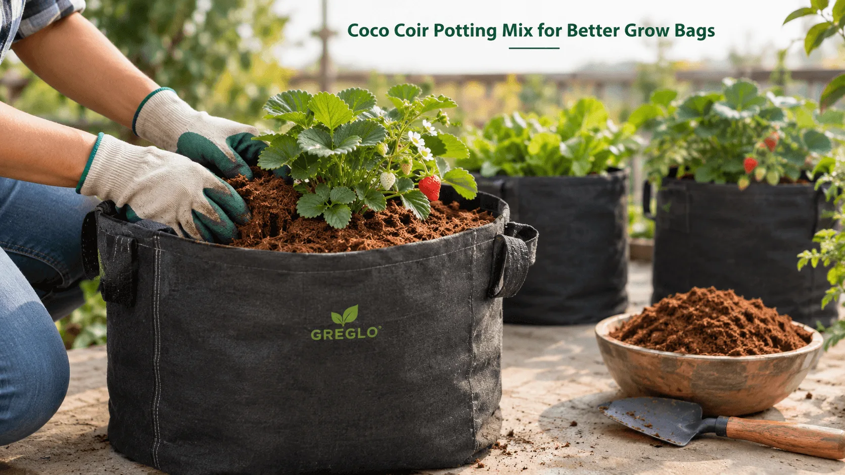 Gardener adding coco coir potting mix to a strawberry grow bag.