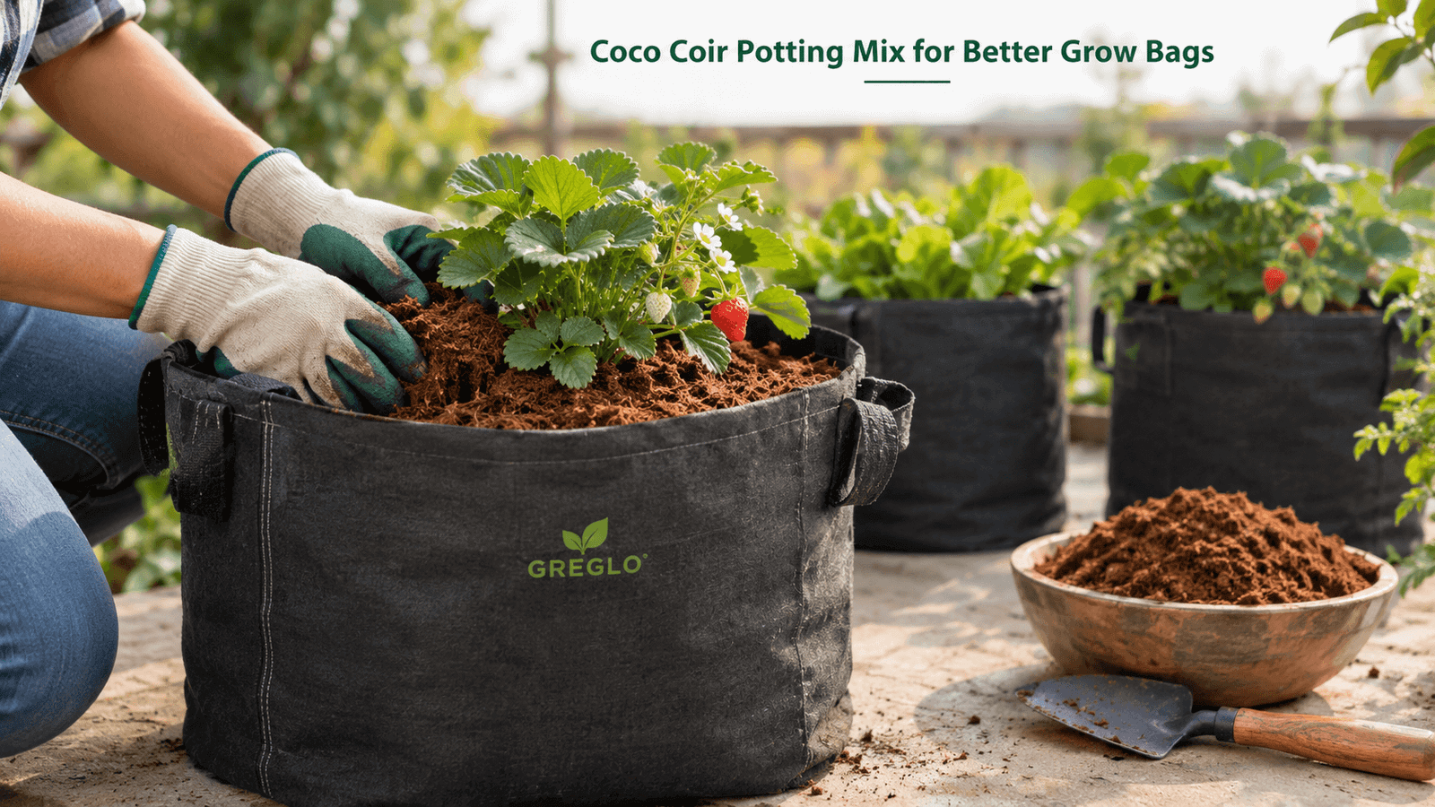 Gardener adding coco coir potting mix to a strawberry grow bag.