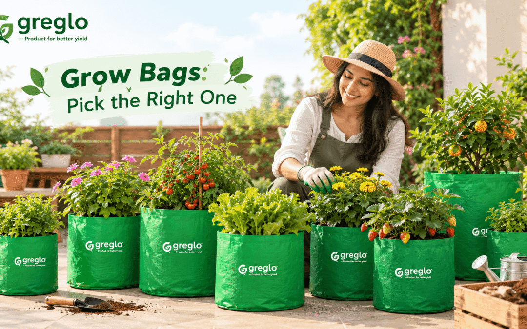 Garden grow bags with vegetables, flowers, strawberries and a woman gardening outdoors