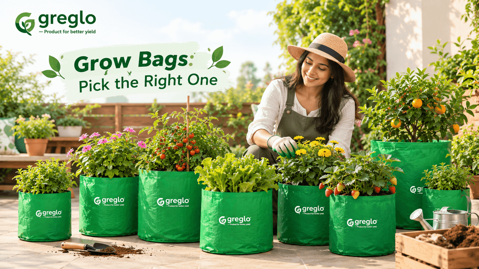 Garden grow bags with vegetables, flowers, strawberries and a woman gardening outdoors