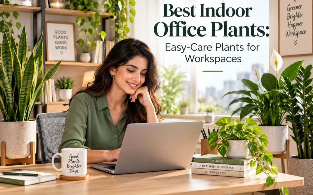 Girl working on a laptop in an office with indoor plants.