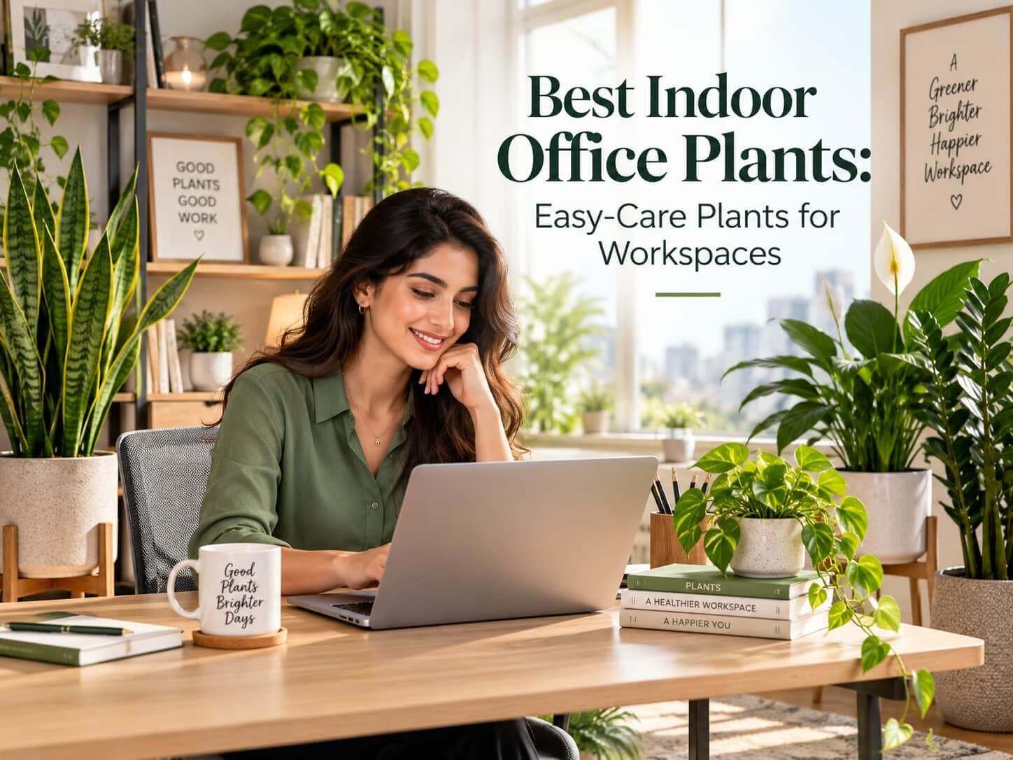 Girl working on a laptop in an office with indoor plants.
