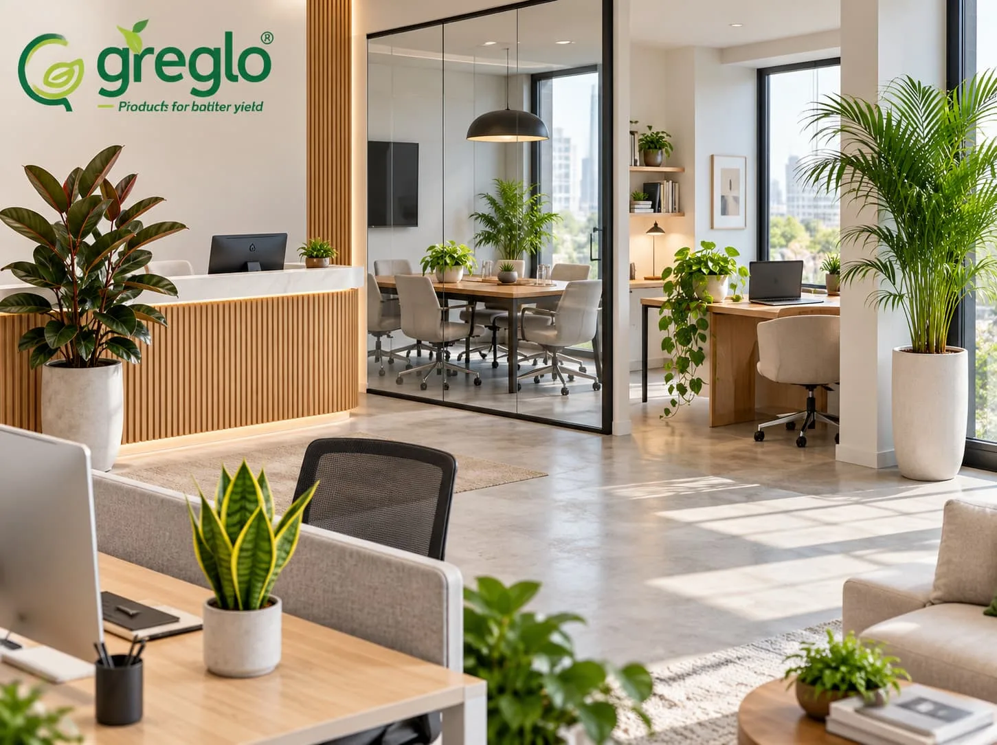 Best Indoor Plants for Office Spaces Modern office with indoor plants in reception, desk, meeting room, home office, and corner.