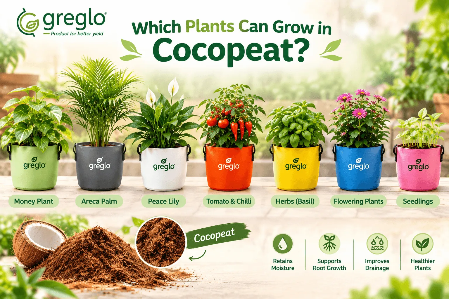 Which Plants Can Grow in Cocopeat? showing seven plants grown in cocopeat, including money plant, areca palm, peace lily, tomato and chilli, basil, flowering plants, and seedlings in colorful grow bags.
