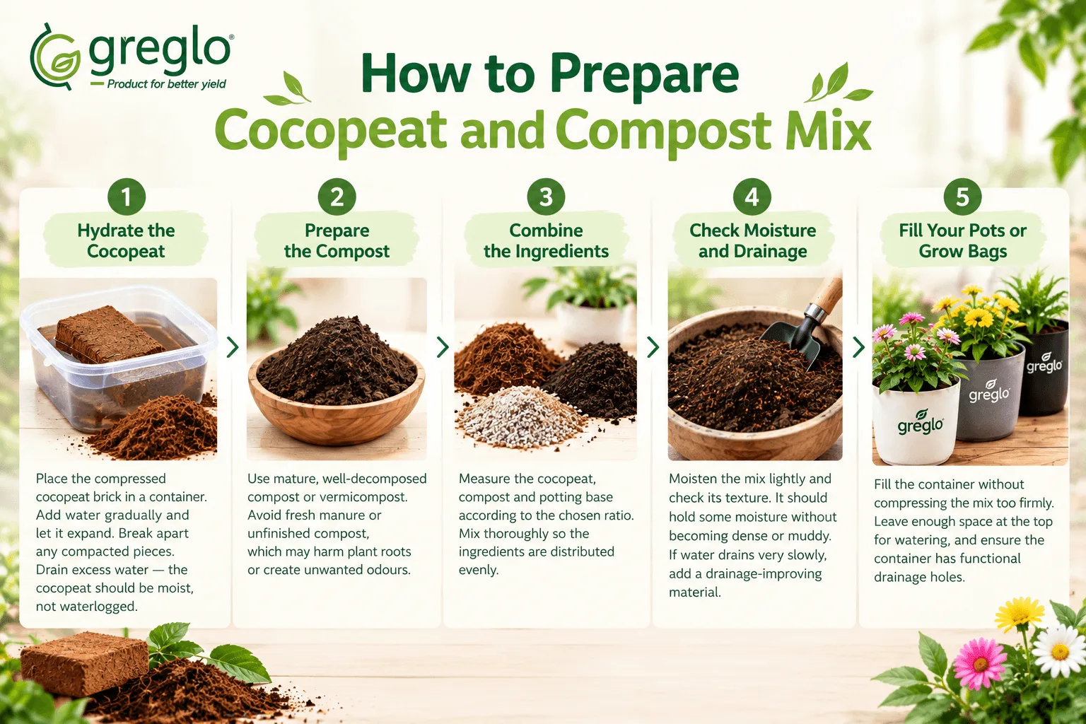 showing five steps to prepare cocopeat and compost mix, from hydrating cocopeat