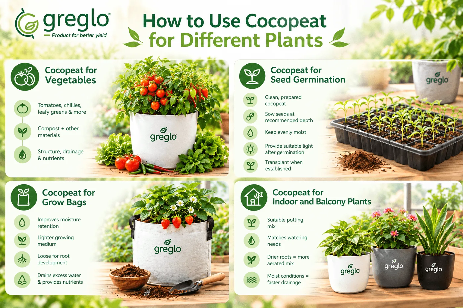 Greglo cocopeat gardening infographic showing uses for vegetables, seed germination, grow bags, and indoor and balcony plants.