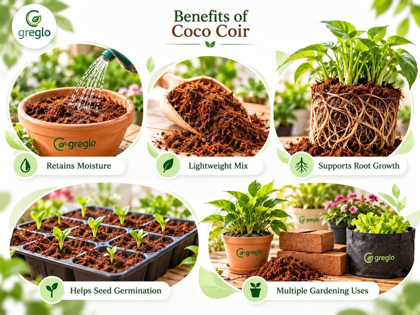 Benefits of Coco Coir for Plants Coco coir benefits for plants, including moisture retention, lightweight growing medium, root growth, seed germination, and gardening uses.