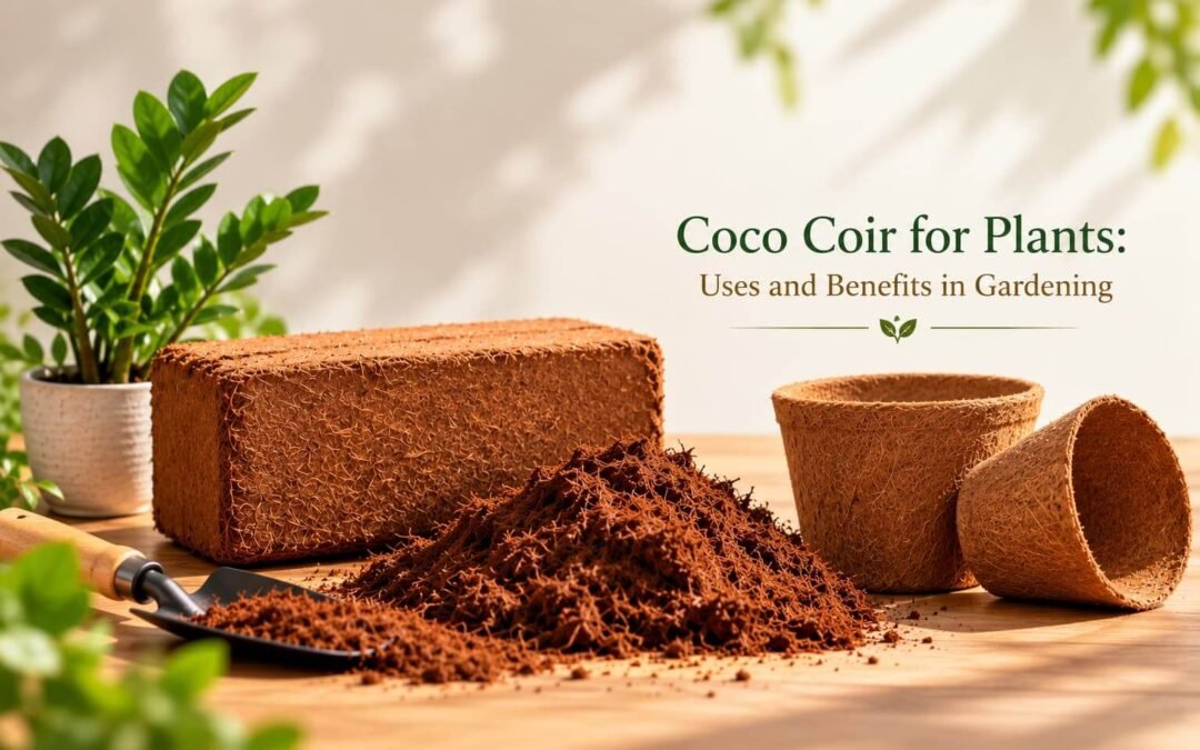 Coco coir brick, loose coco coir, coir pots and ZZ plant for gardening