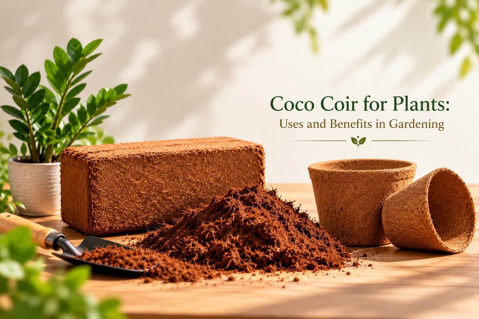 Coco coir brick, loose coco coir, coir pots and ZZ plant for gardening
