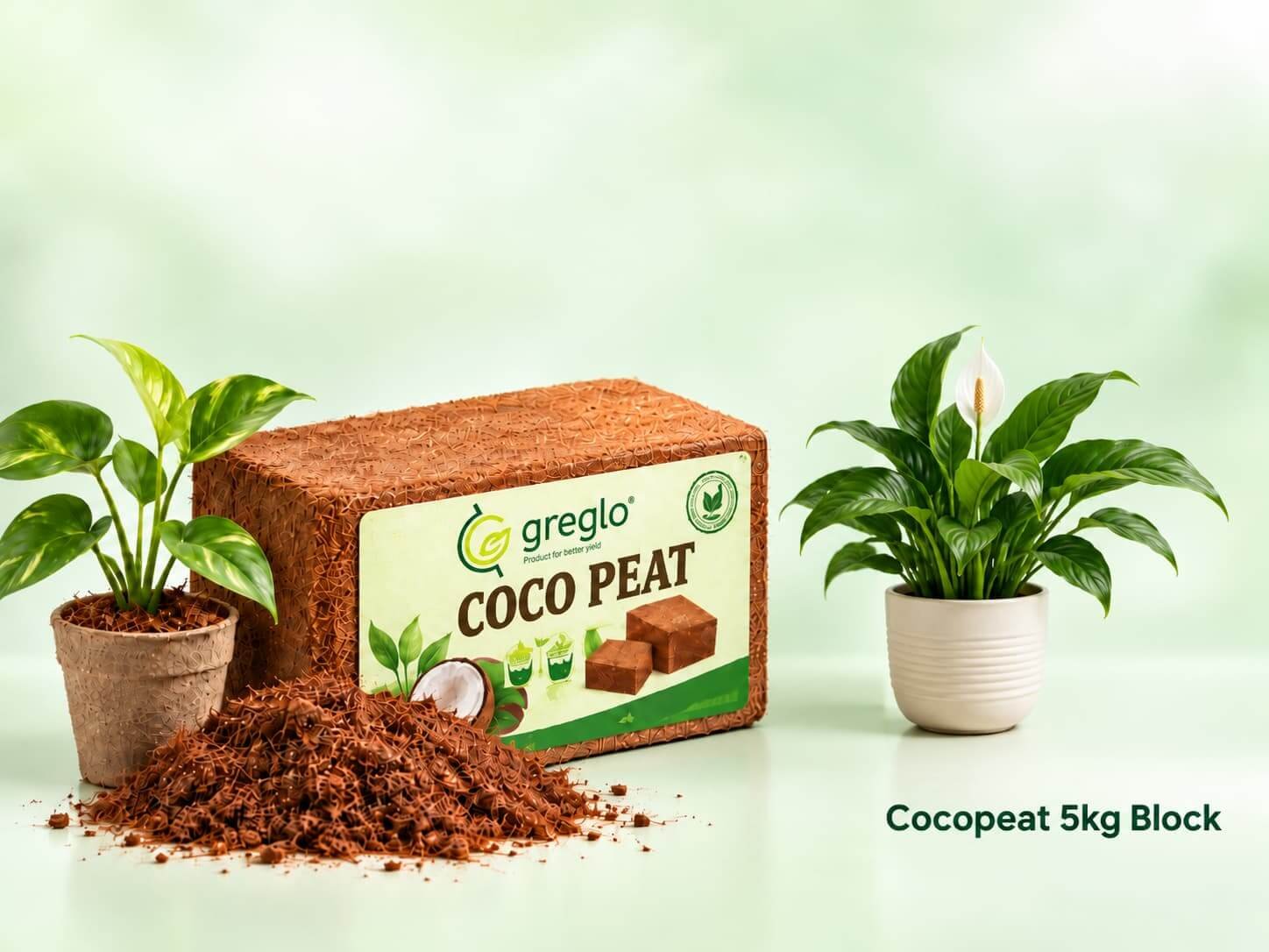 Cocopeat 5kg block with loose cocopeat and indoor plants.