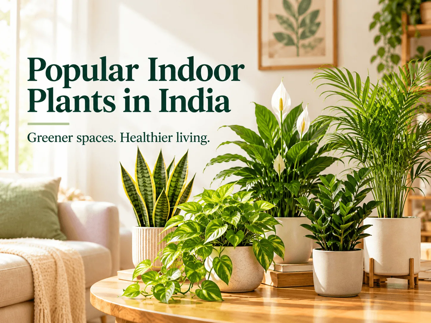 Popular indoor plants in India, including snake plant, money plant, peace lily, ZZ plant, and areca palm in decorative pots.
