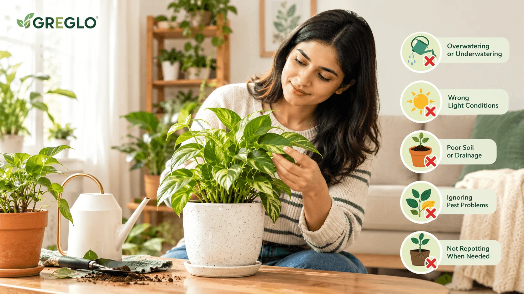 Indoor Plant Care Mistakes Common indoor plant care mistakes, including watering, lighting, drainage, pests, and repotting.