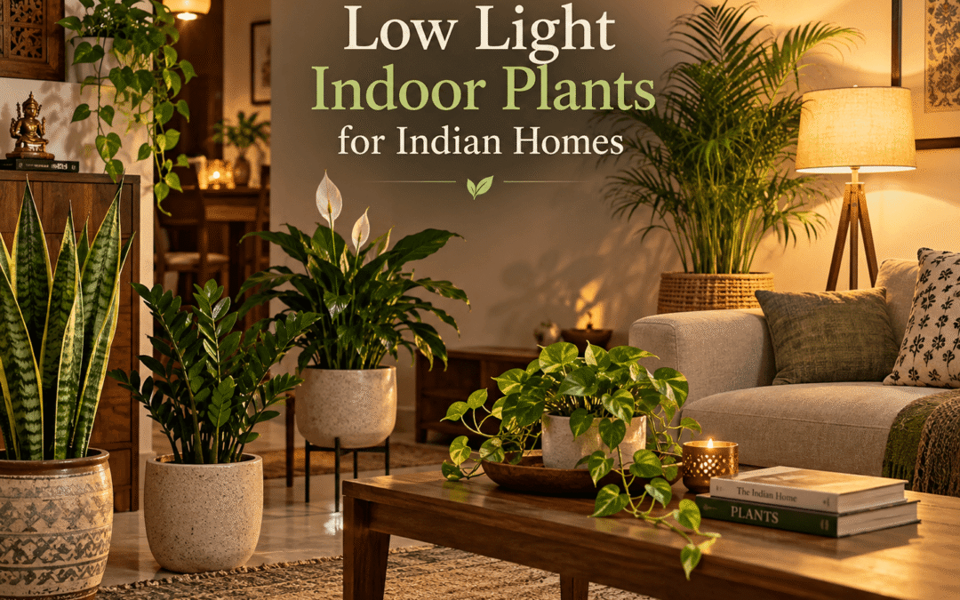 Low-light indoor plants in a warm Indian living room.