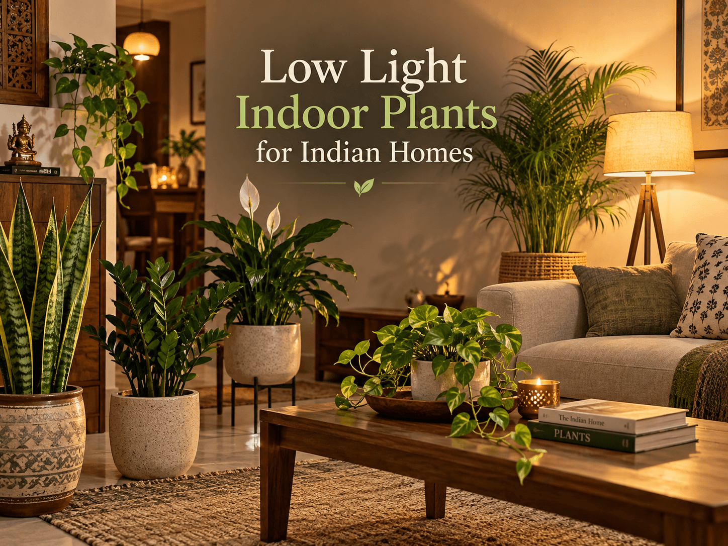 Low-light indoor plants in a warm Indian living room.