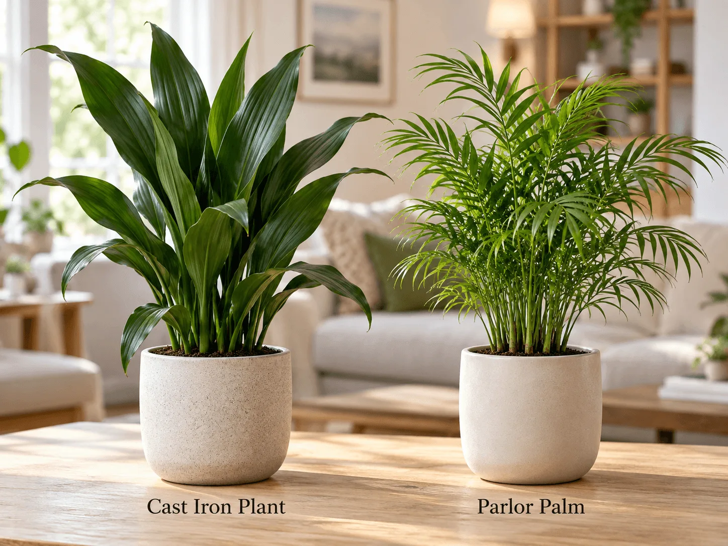 Cast Iron Plant and Parlor Palm in indoor pots.