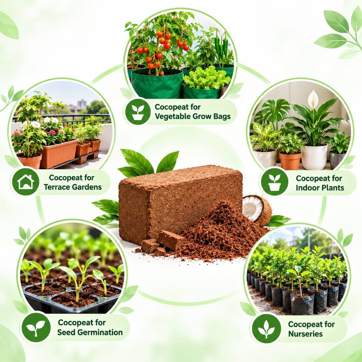 Uses of cocopeat for grow bags, terrace gardens, indoor plants, seed germination, and nurseries.