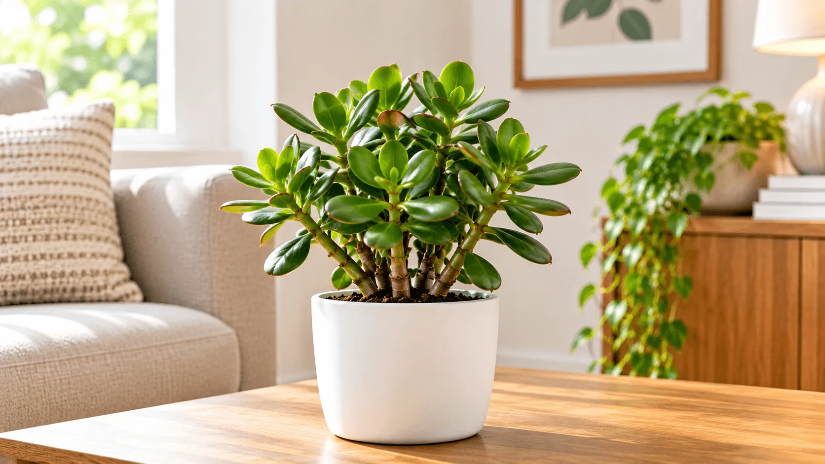 Jade Plant Indoor Jade plant in a white pot inside a bright home.