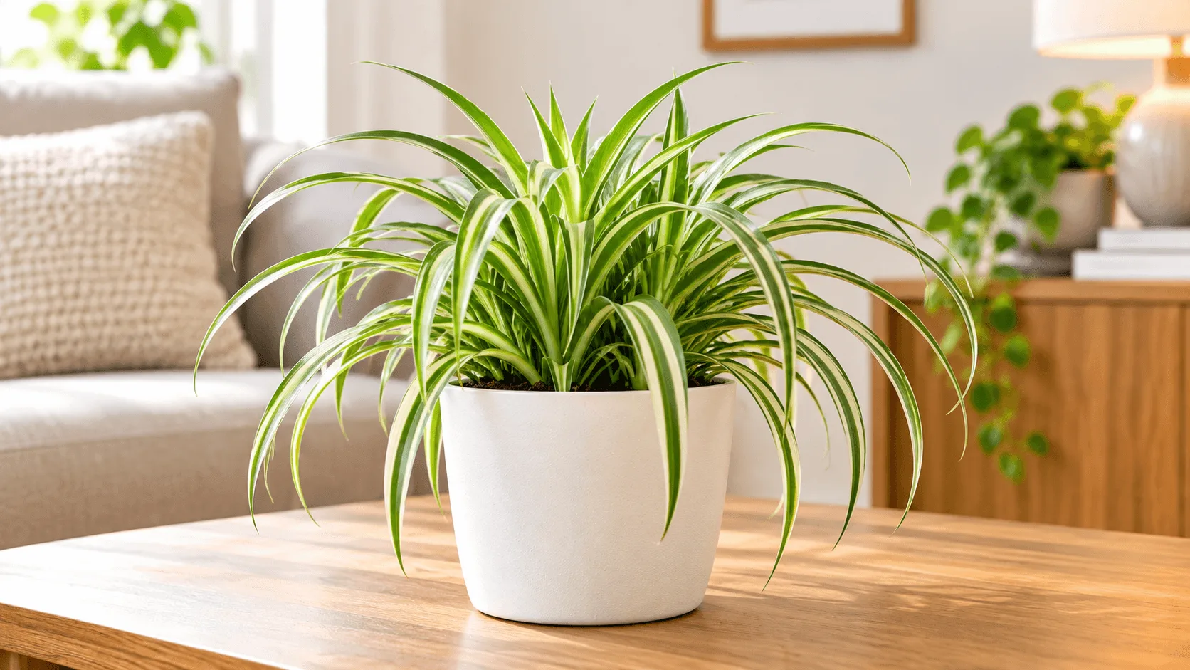 Spider Plant Indoor Spider plant in a white pot inside a bright home.
