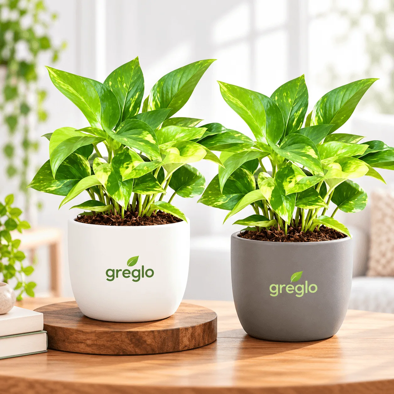 Money Plant in Greglo Pots Money plants growing in white and grey Greglo-branded pots on a wooden table in a bright indoor setting.