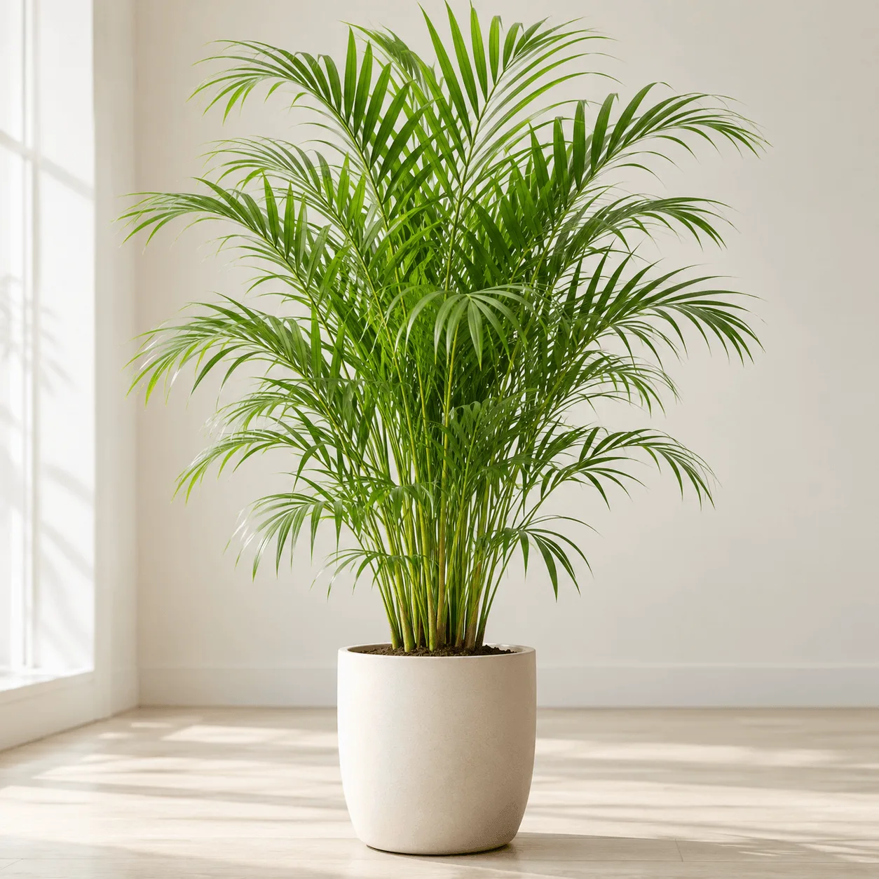 plant in a whiteareca palm pot in a modern home. Areca palm plant in a white pot in a modern home.