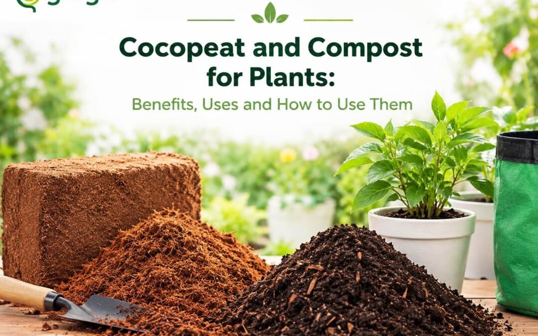 Greglo cocopeat and compost for plants, showing cocopeat blocks, compost and a potted plant.