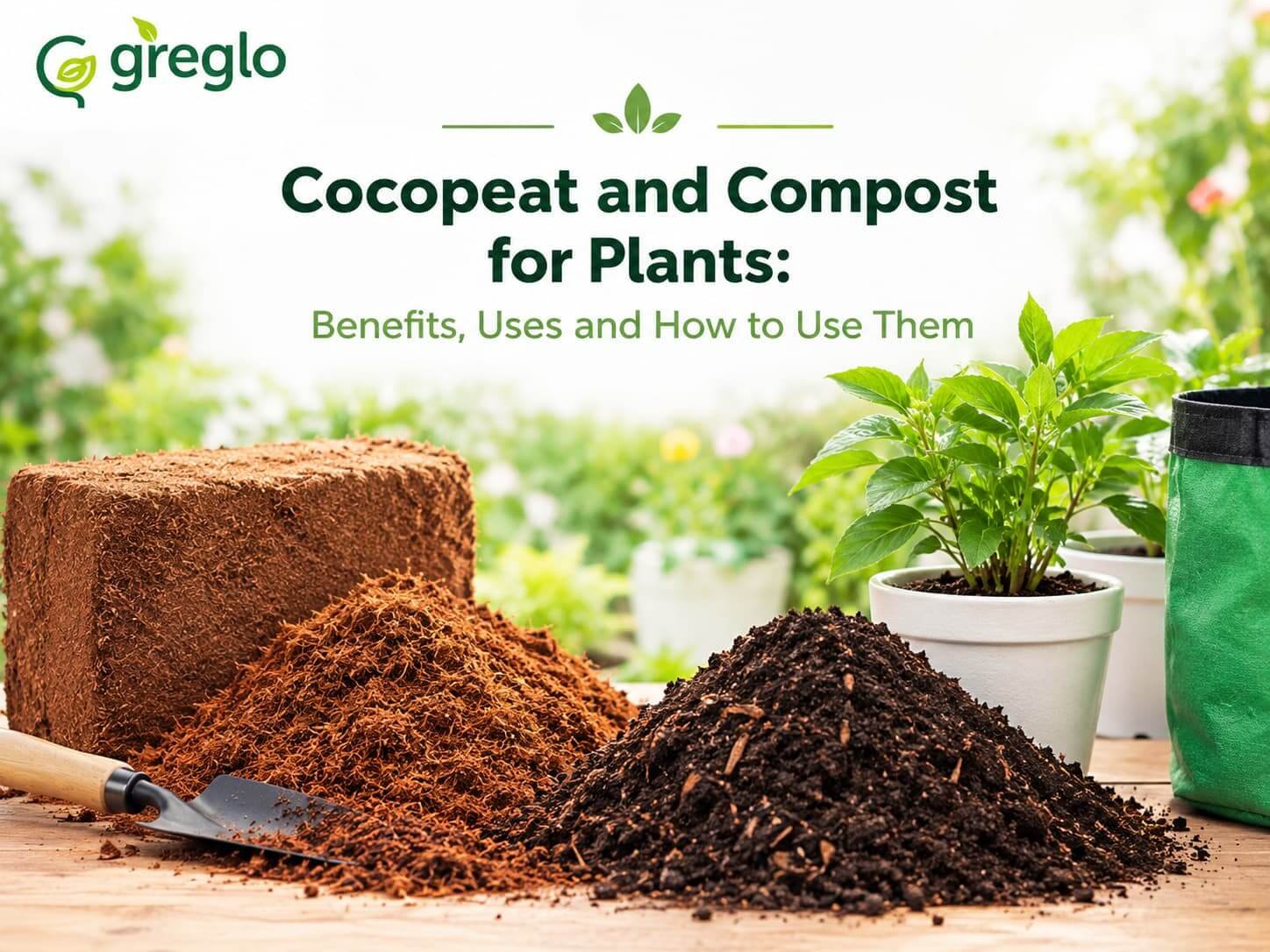 Greglo cocopeat and compost for plants, showing cocopeat blocks, compost and a potted plant.