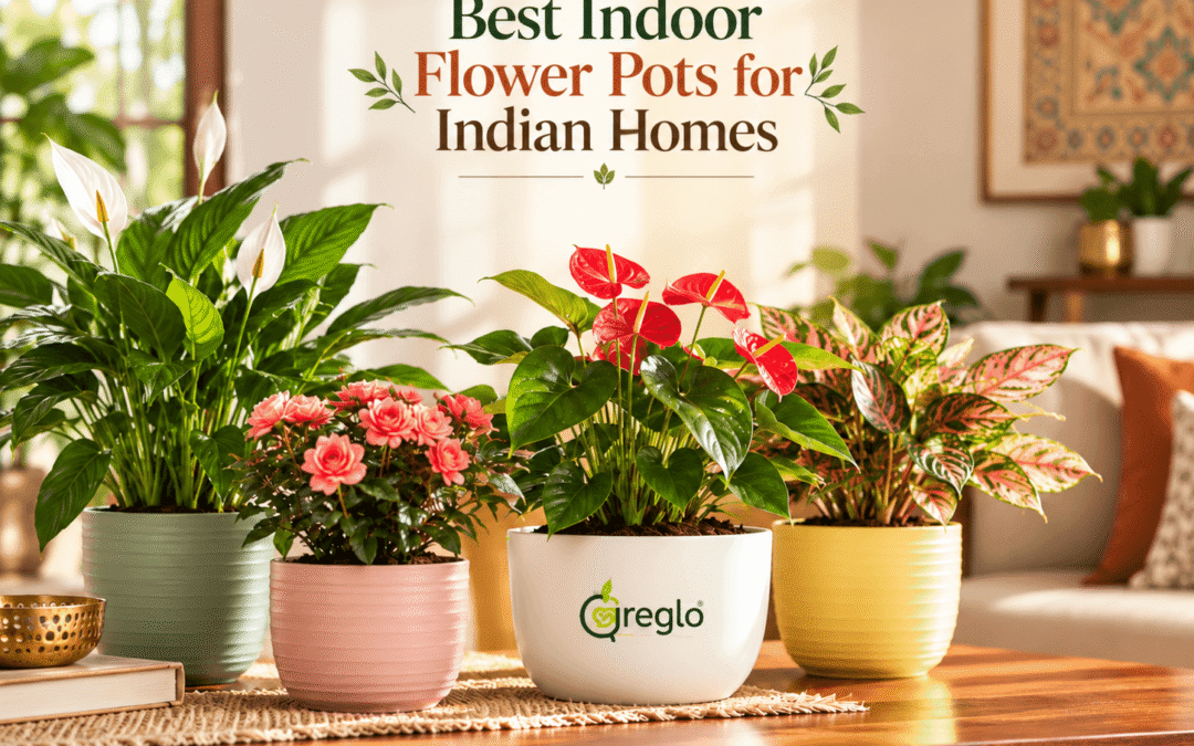 Indoor flower pots with colorful flowering plants in a modern Indian home.