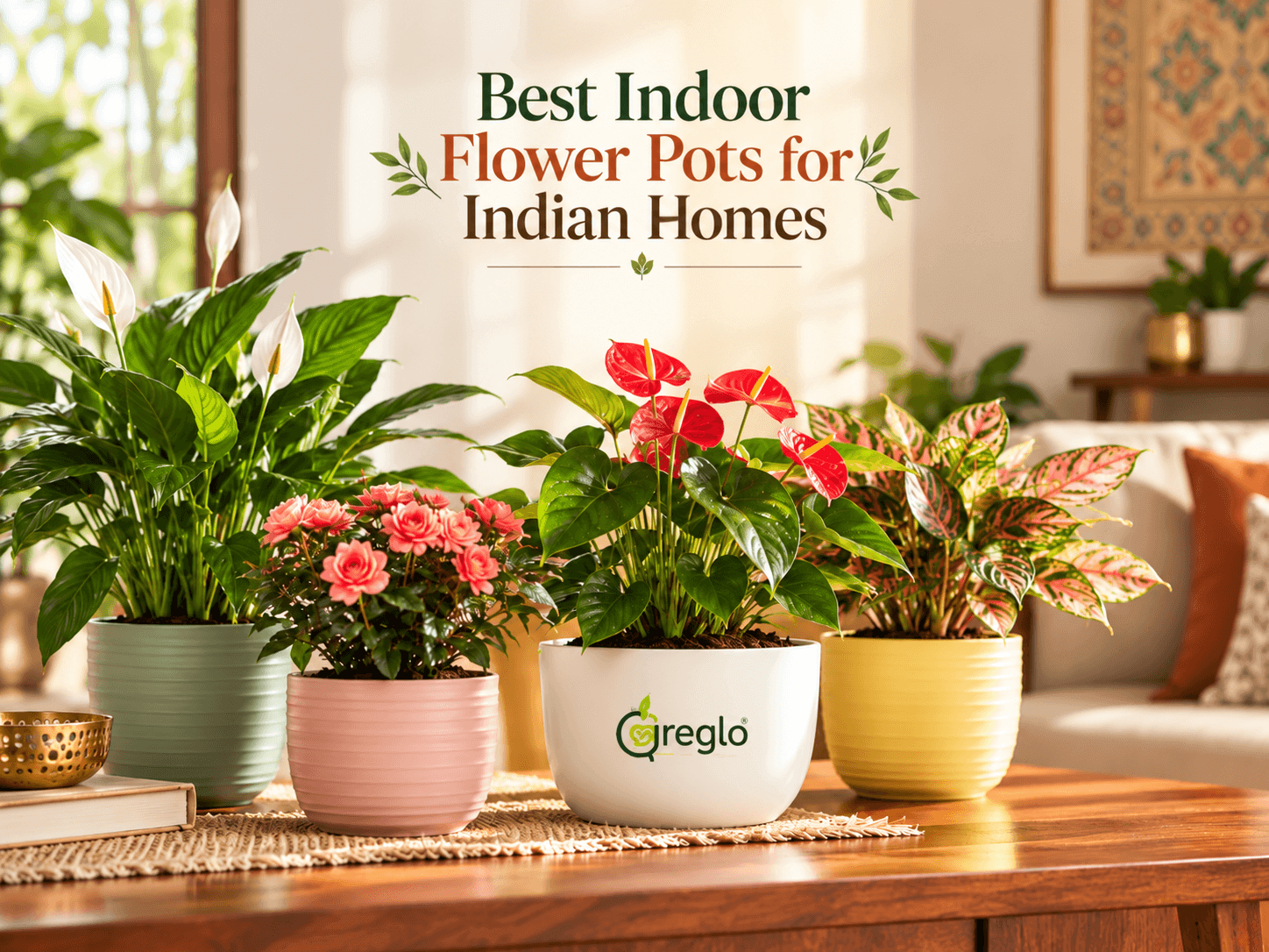 Indoor flower pots with colorful flowering plants in a modern Indian home.