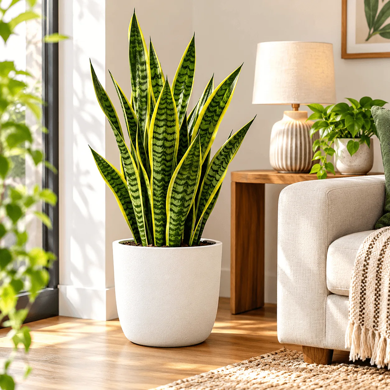 Snake Plant for Home Snake plant in a white pot in a bright home interior.