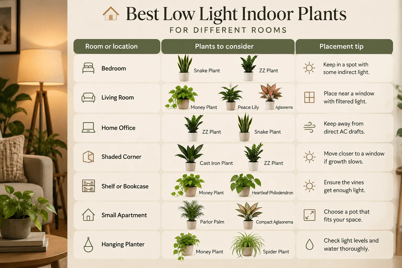 Low-light indoor plants for different rooms and home spaces.