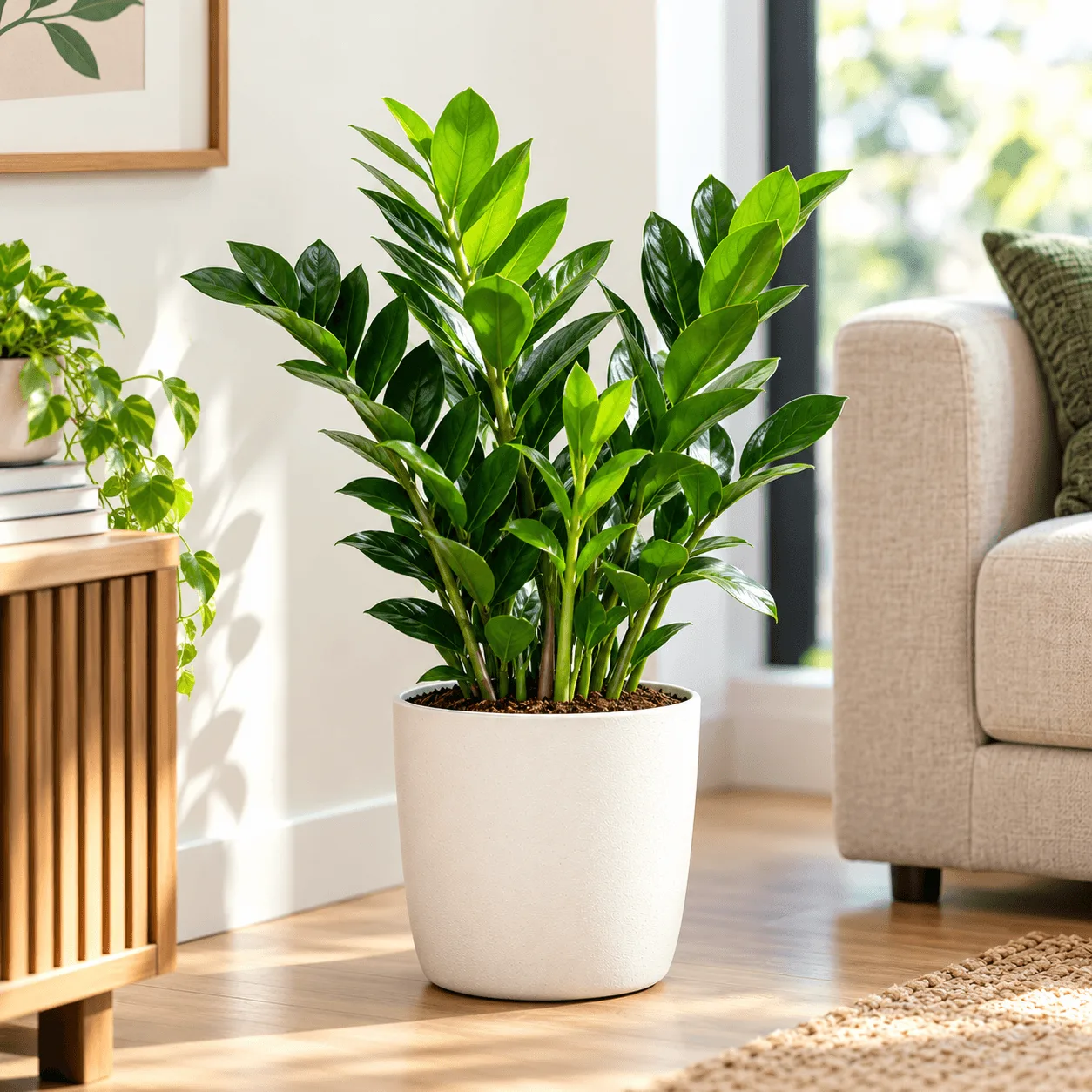 ZZ Plant Indoor ZZ plant in a white pot in a modern home.