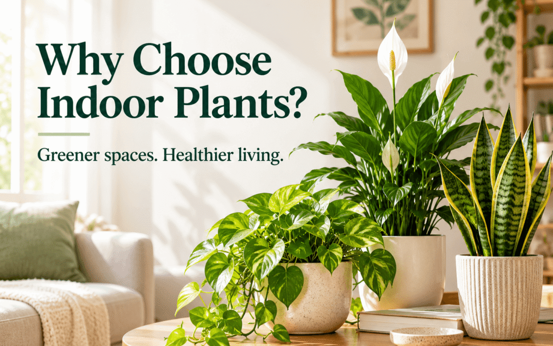 Indoor plants including peace lily, pothos, and snake plant in decorative pots in a bright living room.