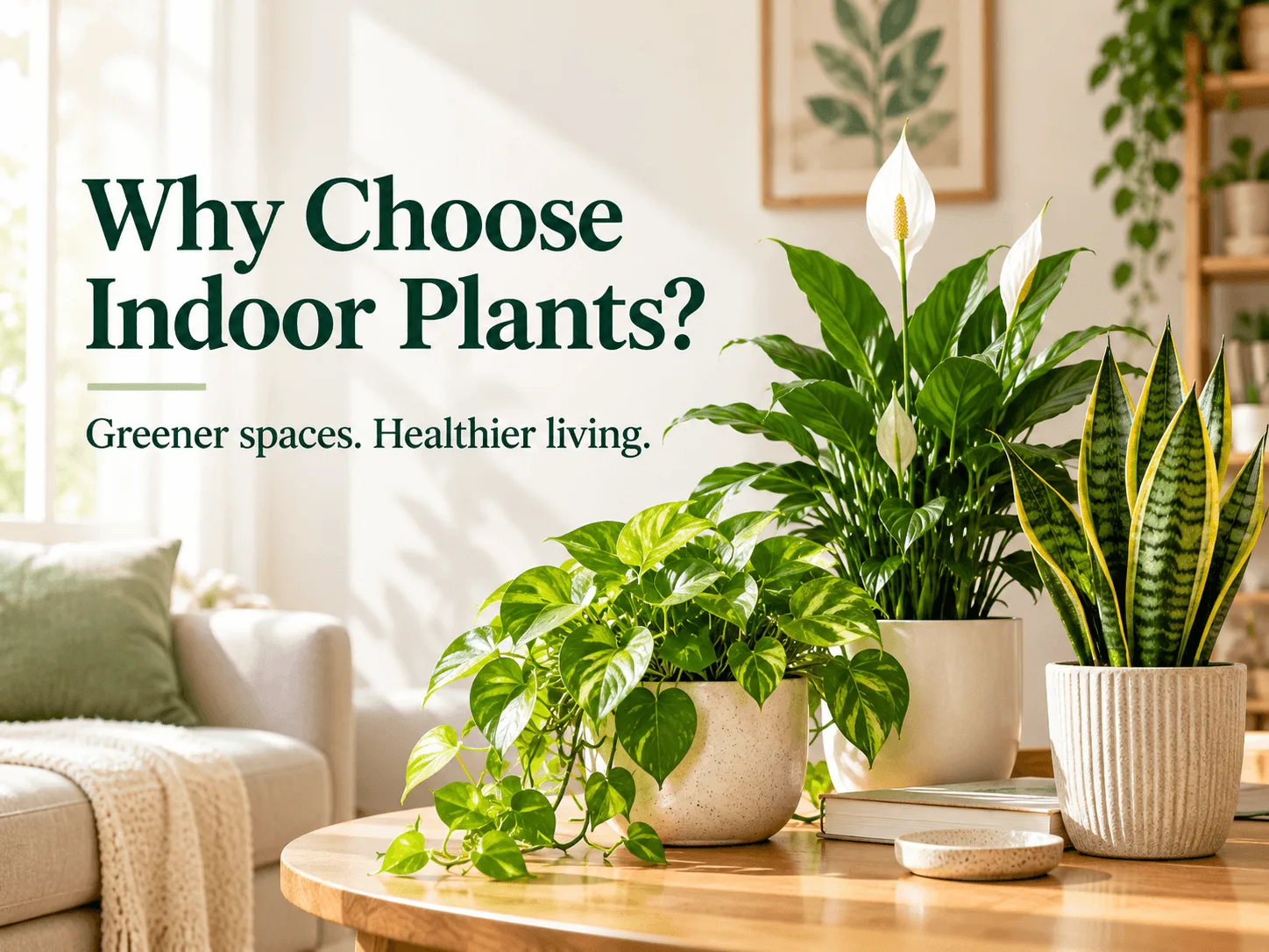 Indoor plants including peace lily, pothos, and snake plant in decorative pots in a bright living room.