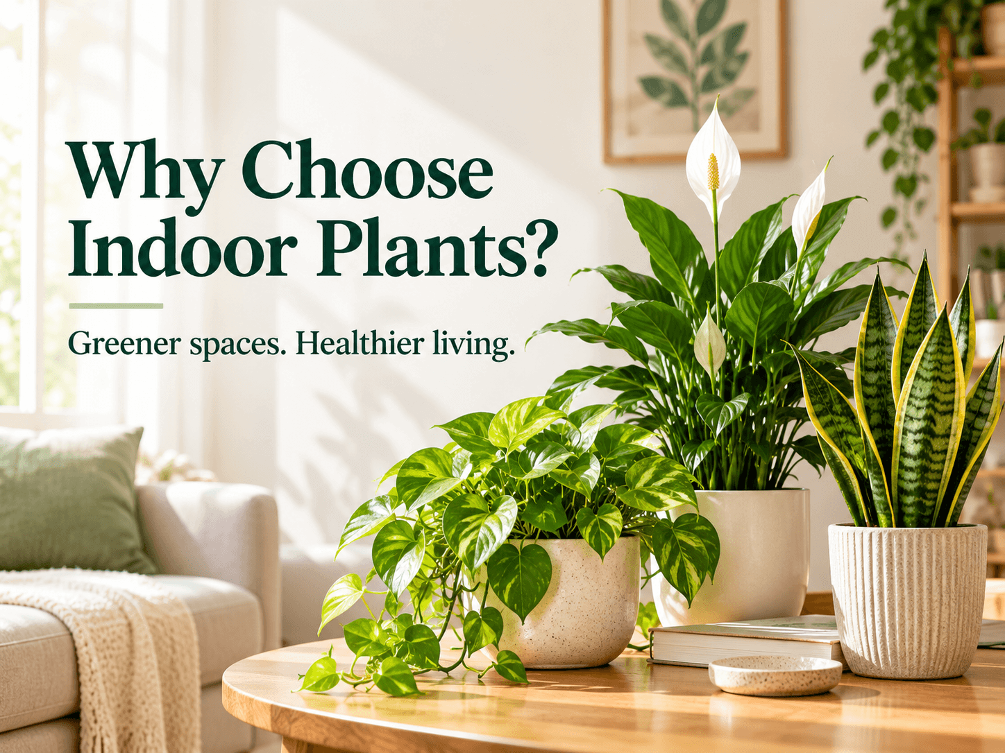 Indoor plants including peace lily, pothos, and snake plant in decorative pots in a bright living room.