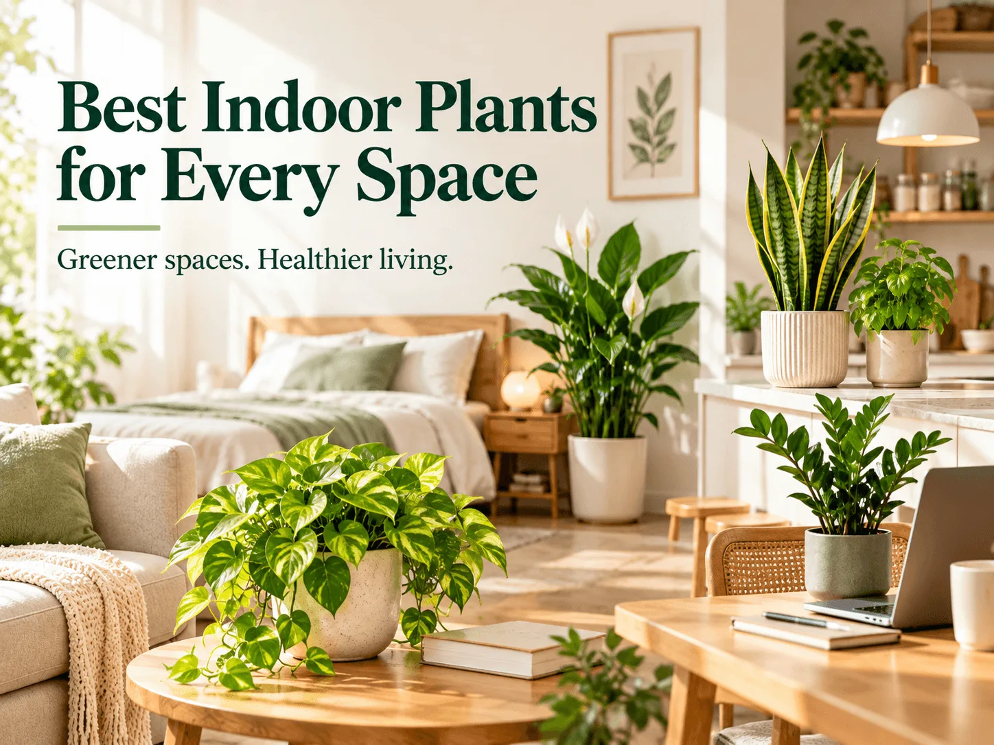 Best indoor plants for every space featuring snake plant, peace lily, pothos, and ZZ plant in a bright, modern home.