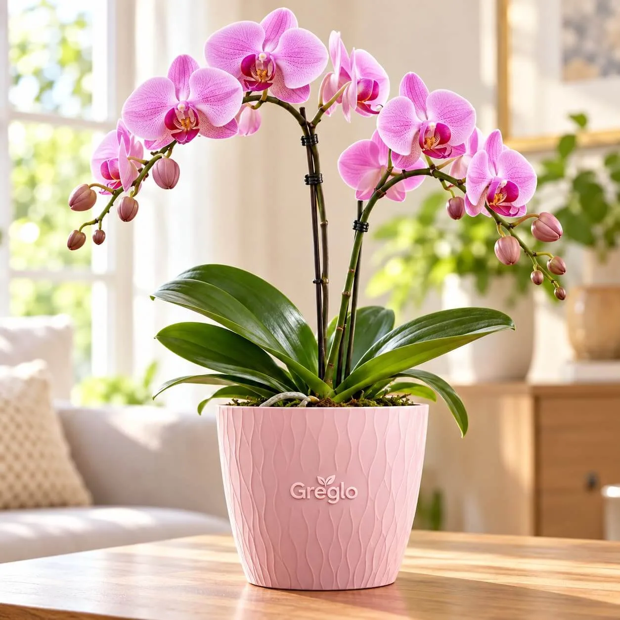 Phalaenopsis Orchid in Pot Phalaenopsis orchid in a Greglo pot inside a modern home.
