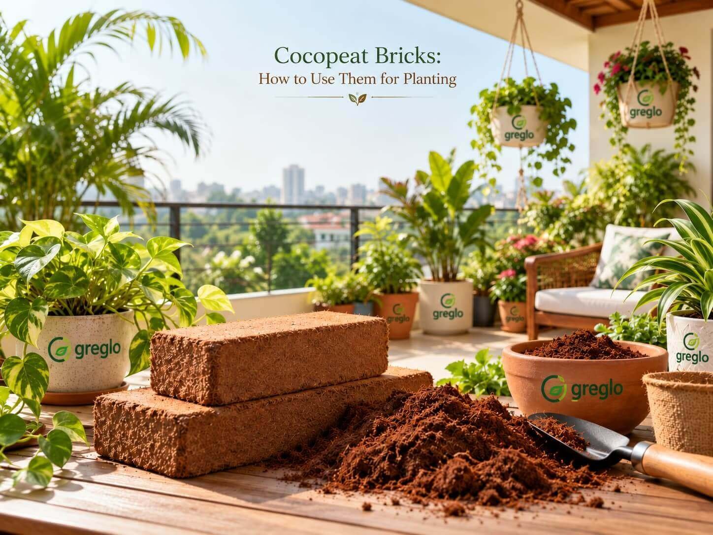 Cocopeat bricks and loose cocopeat for planting in a balcony garden