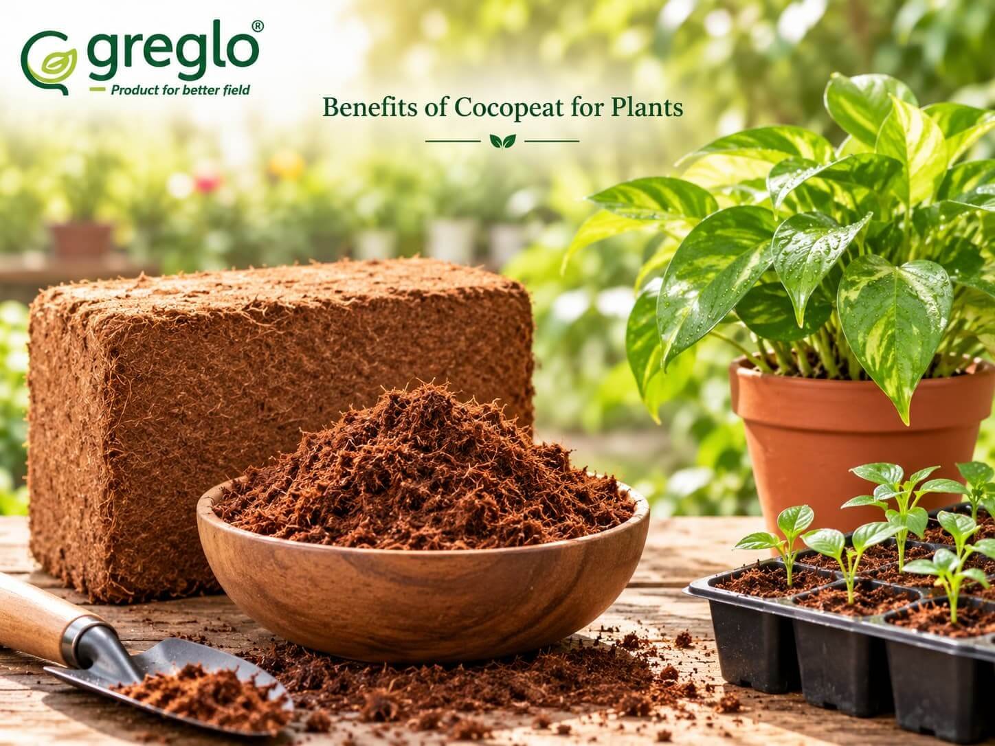 Benefits of Cocopeat for Plants Cocopeat benefits for plants showing moisture, roots, seed starting, and gardening uses.