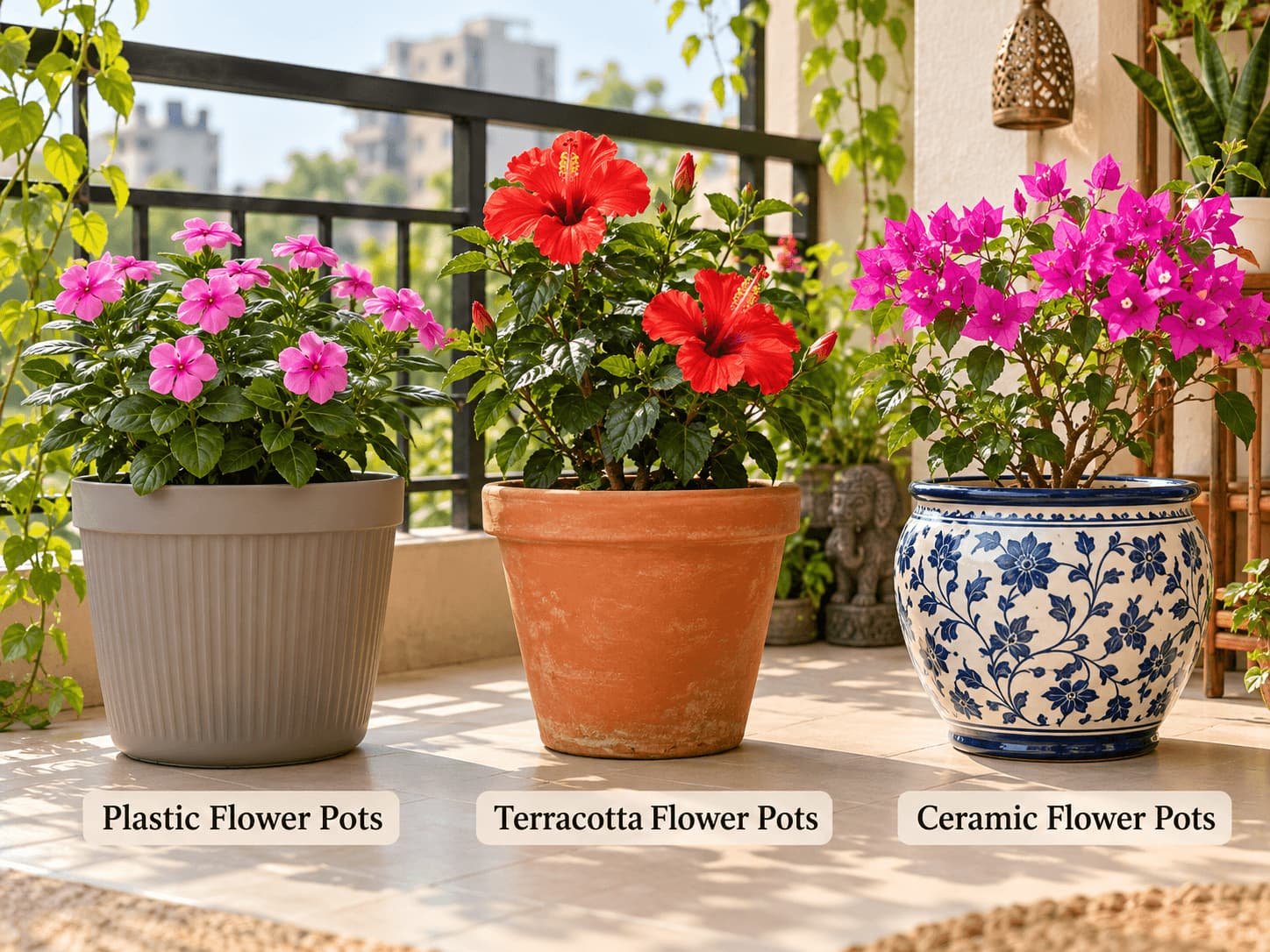 Types of Indoor Flower Pots Plastic, terracotta, and ceramic flower pots with plants on a balcony.