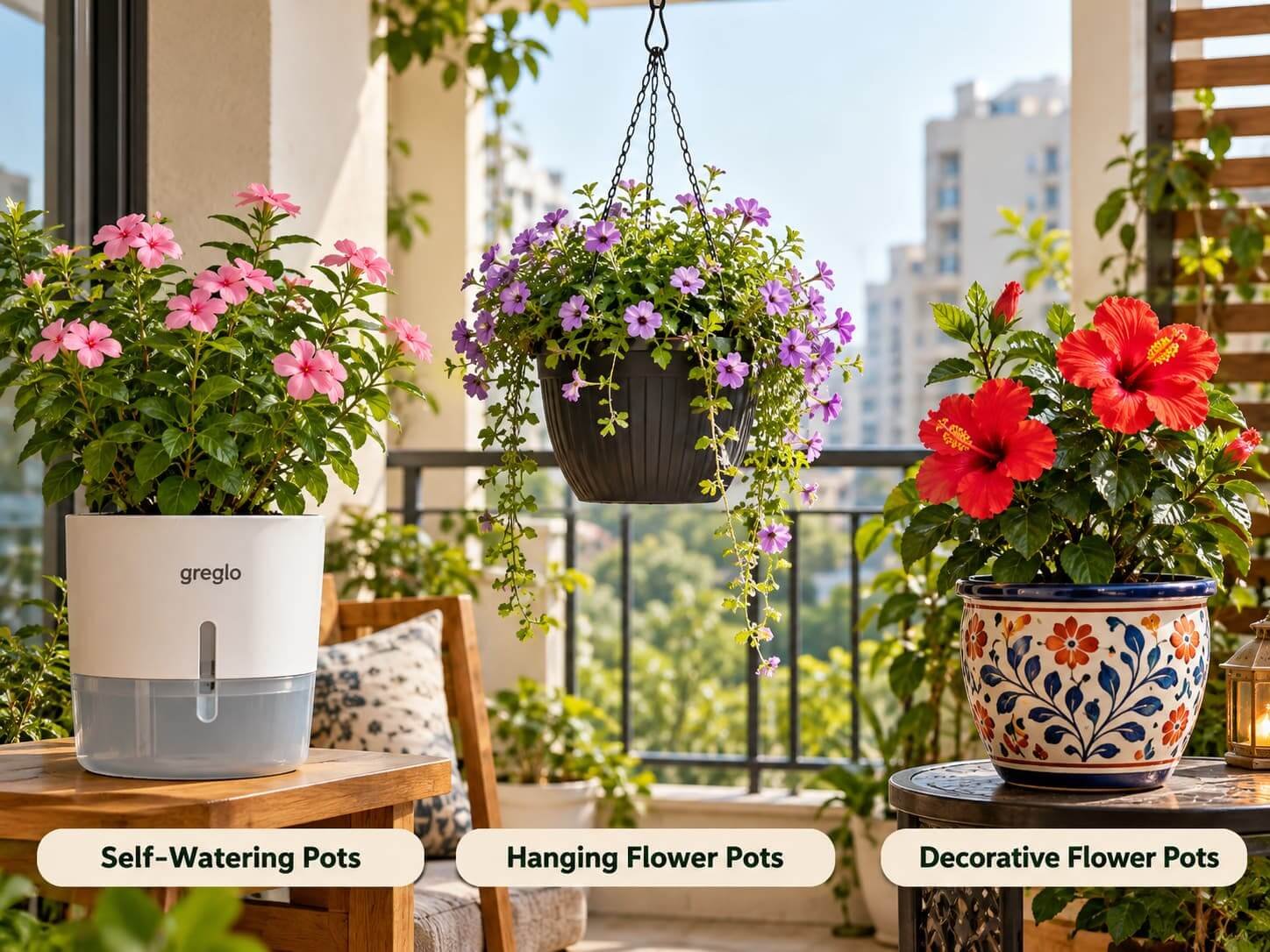 Modern Flower Pot Types Self-watering, hanging, and decorative flower pots on a balcony.