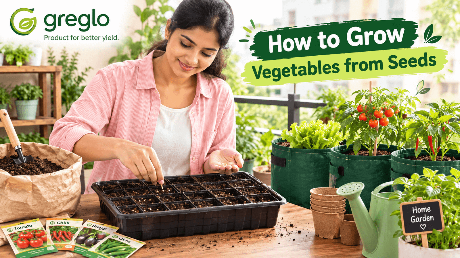 How to grow vegetables from seeds at home in India using a seedling tray and grow bags with Greglo