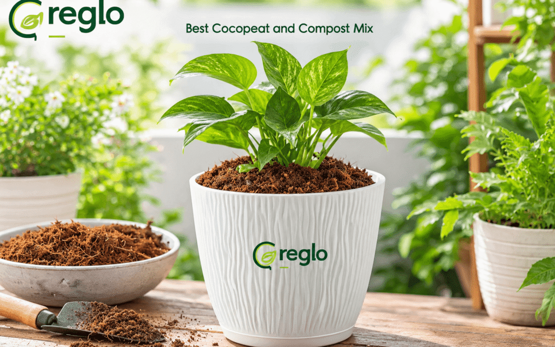 Greglo white pot with cocopeat and compost mix for healthy home garden plants.