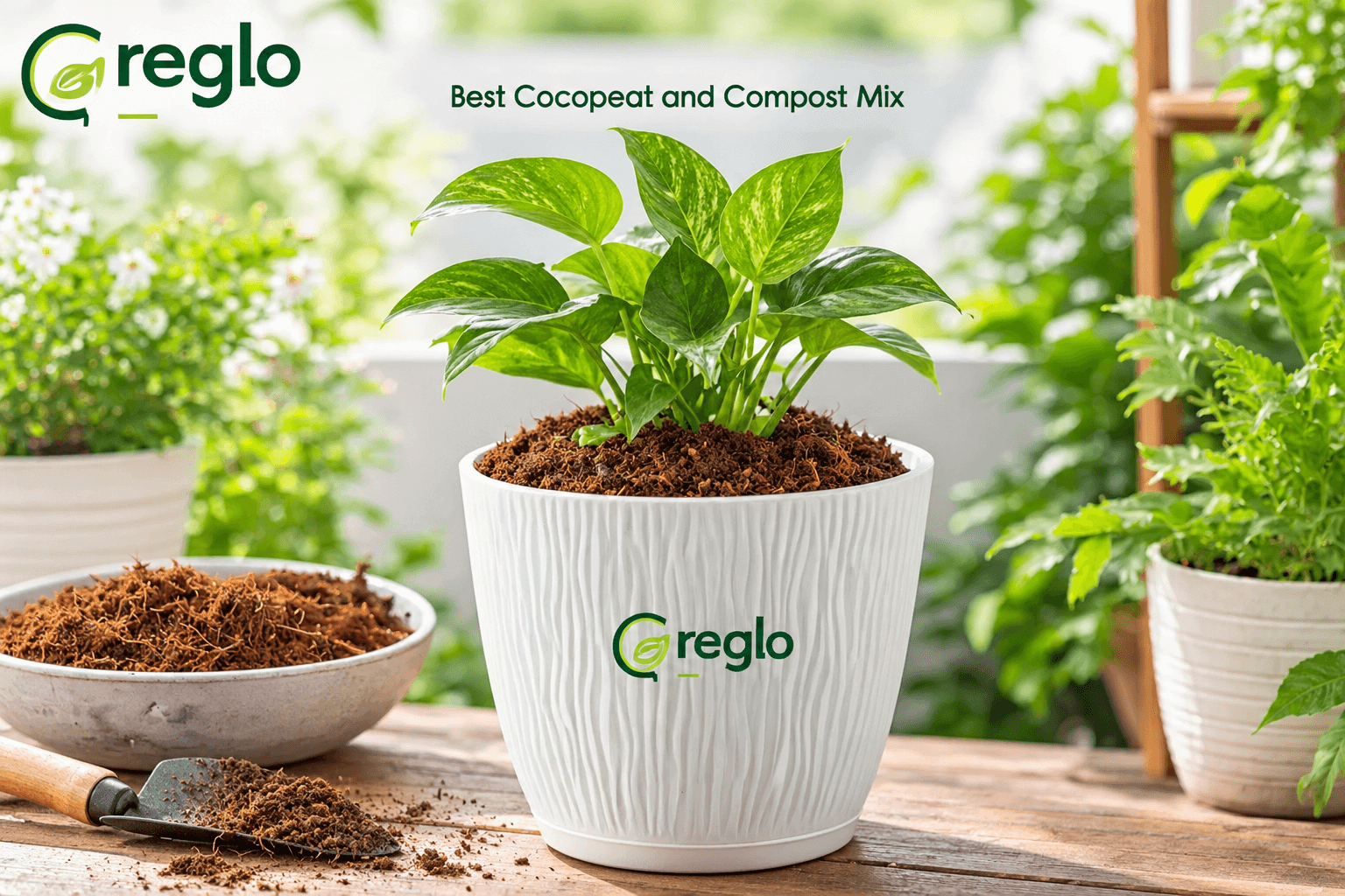 Greglo white pot with cocopeat and compost mix for healthy home garden plants.