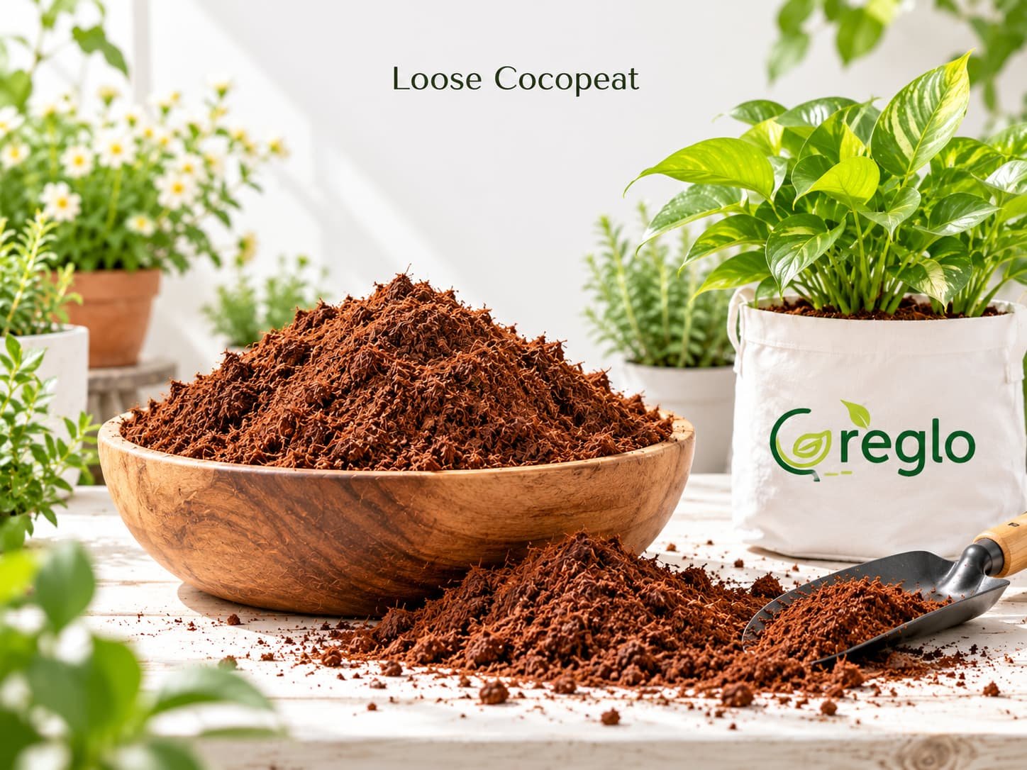 Loose Cocopeat Loose cocopeat in a bowl with Greglo grow bag and gardening plants