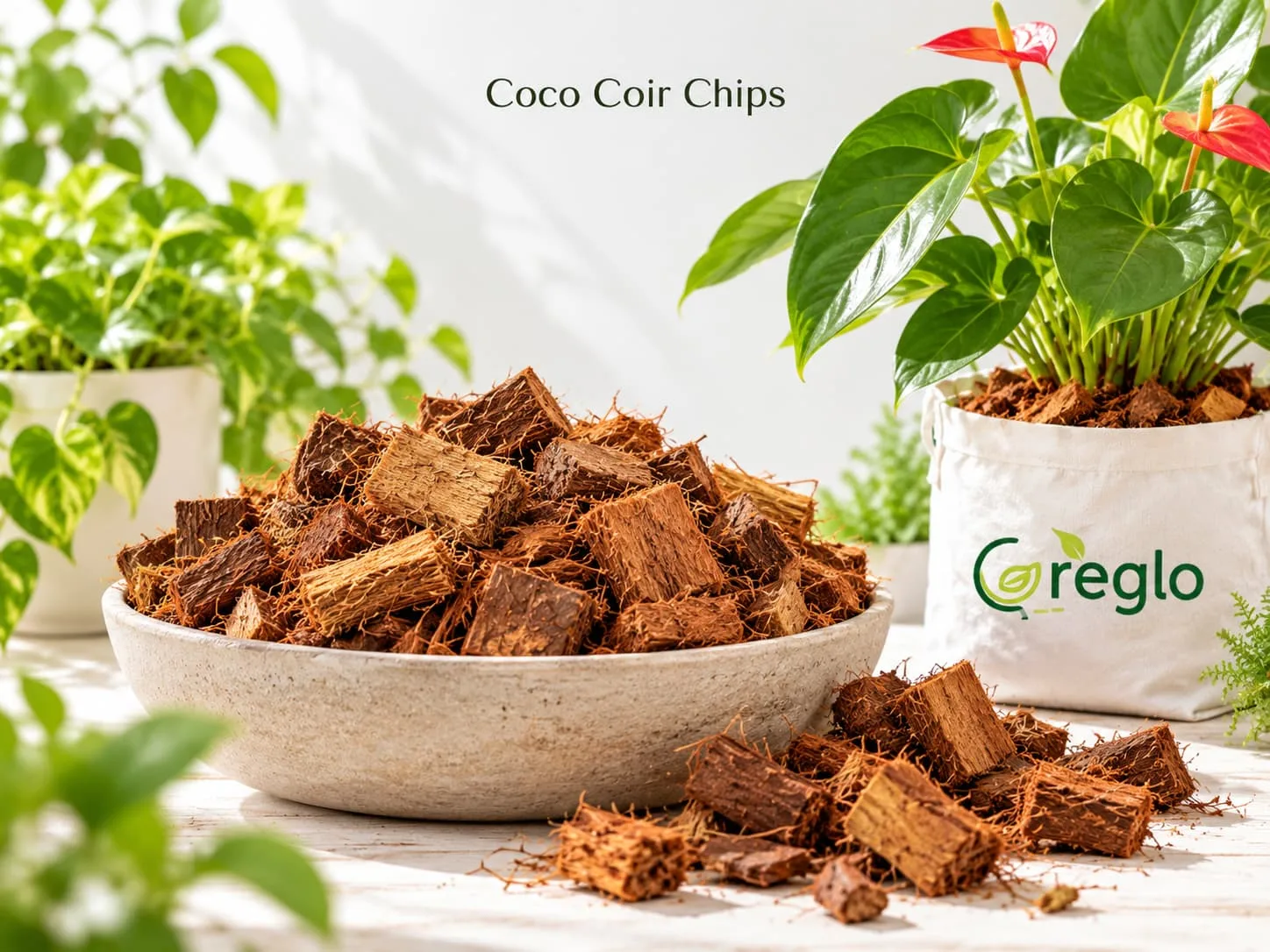 Coco Coir Chips Coco coir chips with Greglo grow bag and potted plant