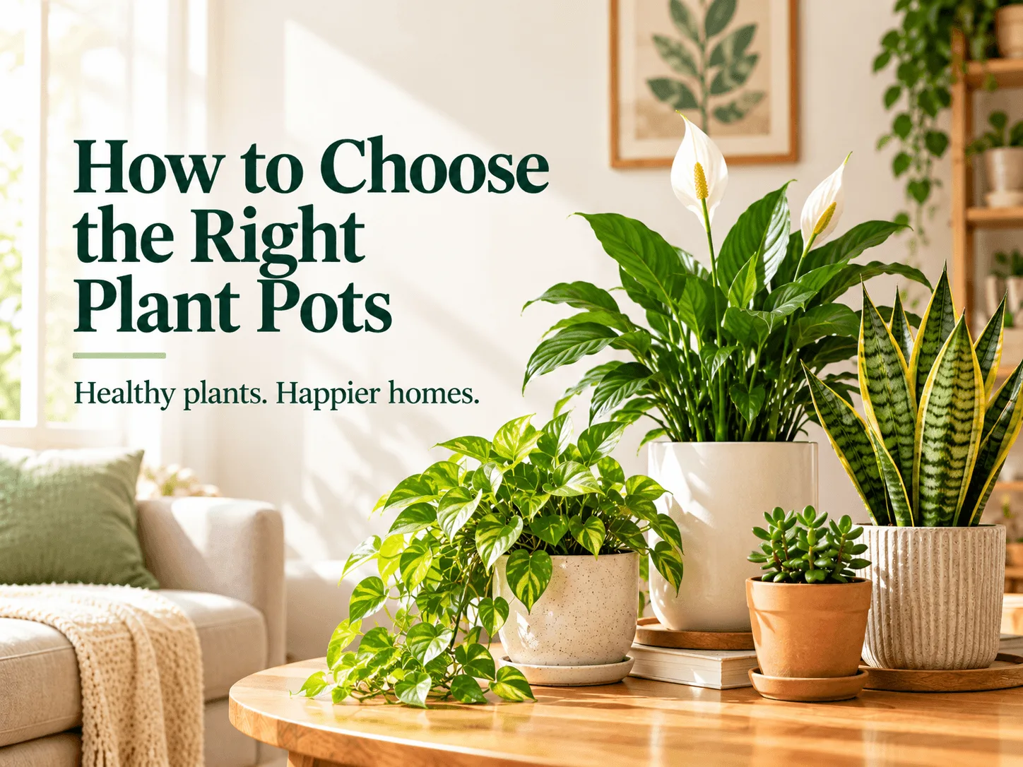 How to choose the right plant pots for indoor plants, featuring ceramic, terracotta, and decorative pots in a cozy living room.