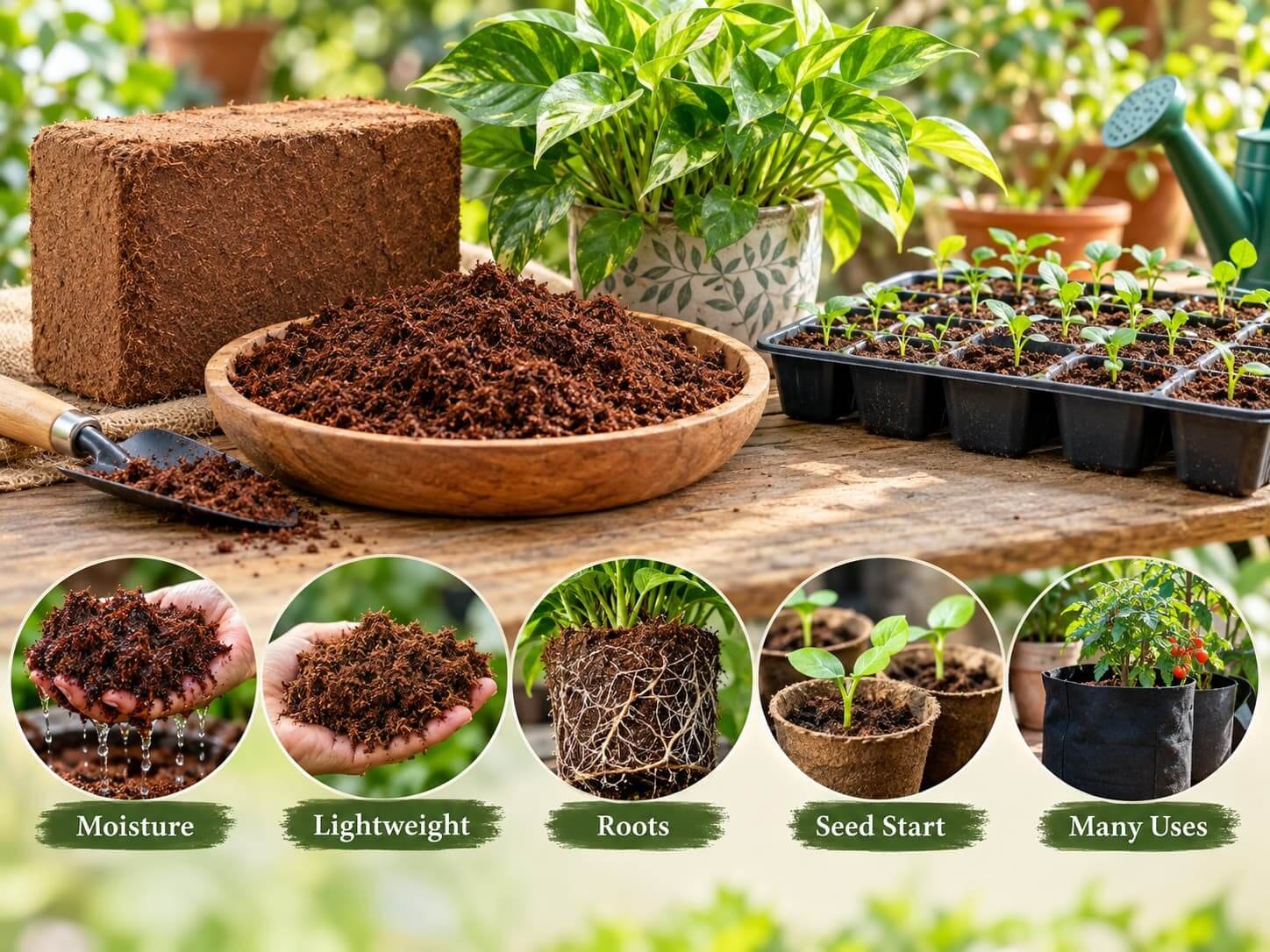 Benefits of Cocopeat for Plants Cocopeat benefits for plants showing moisture, roots, seed starting, and gardening uses.